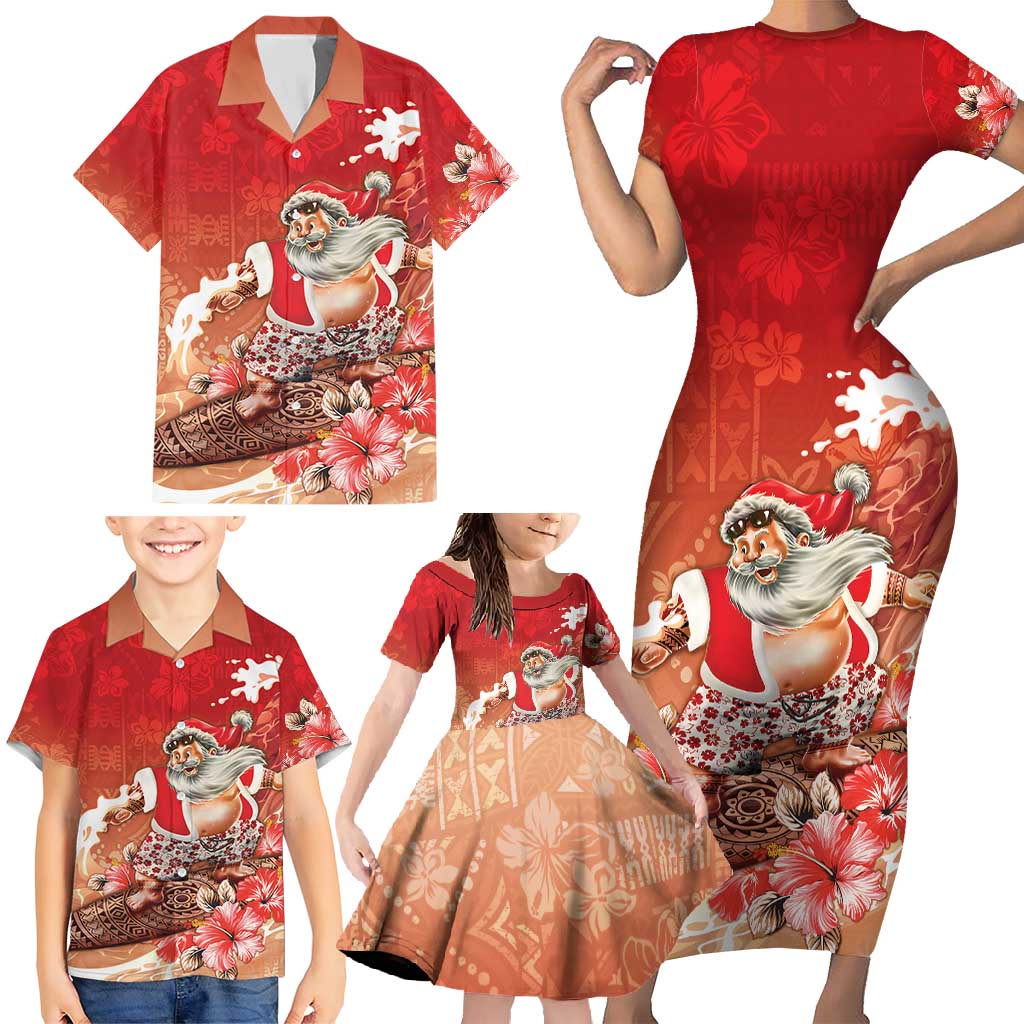 Hawaii Funny Christmas Family Matching Short Sleeve Bodycon Dress and Hawaiian Shirt Santa Surfing With Tapa Pattern - Polynesian Pride