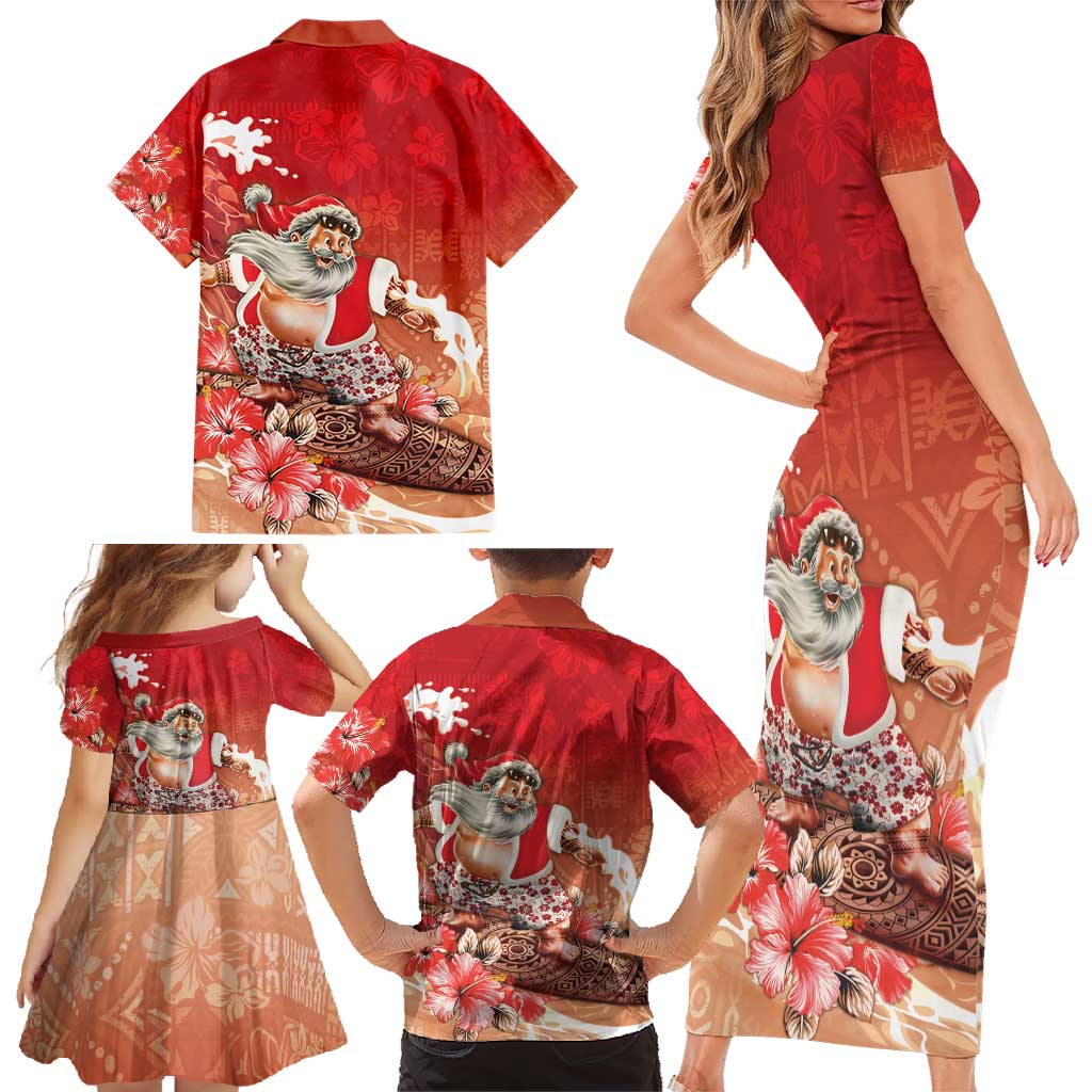 Hawaii Funny Christmas Family Matching Short Sleeve Bodycon Dress and Hawaiian Shirt Santa Surfing With Tapa Pattern - Polynesian Pride