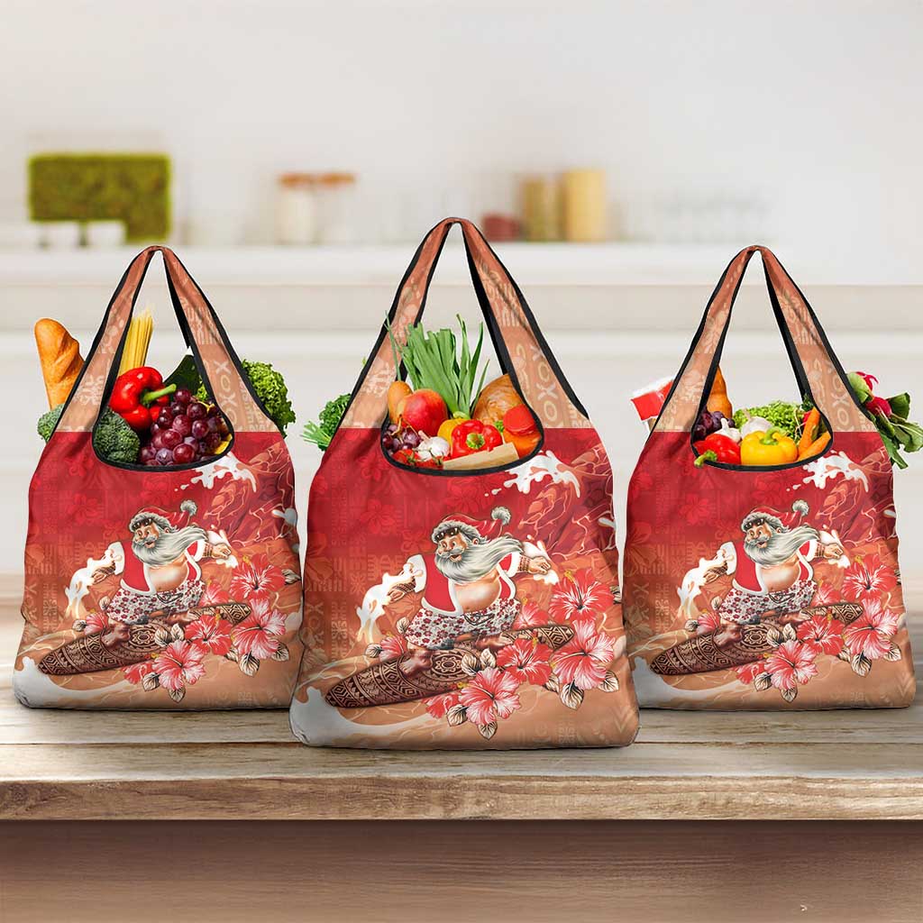 Hawaii Funny Christmas Grocery Bag Santa Surfing With Tapa Pattern - Polynesian Pride