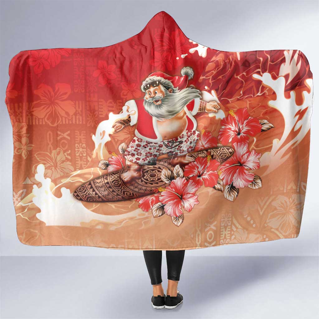 Hawaii Funny Christmas Hooded Blanket Santa Surfing With Tapa Pattern LT05 One Size Red - Polynesian Pride