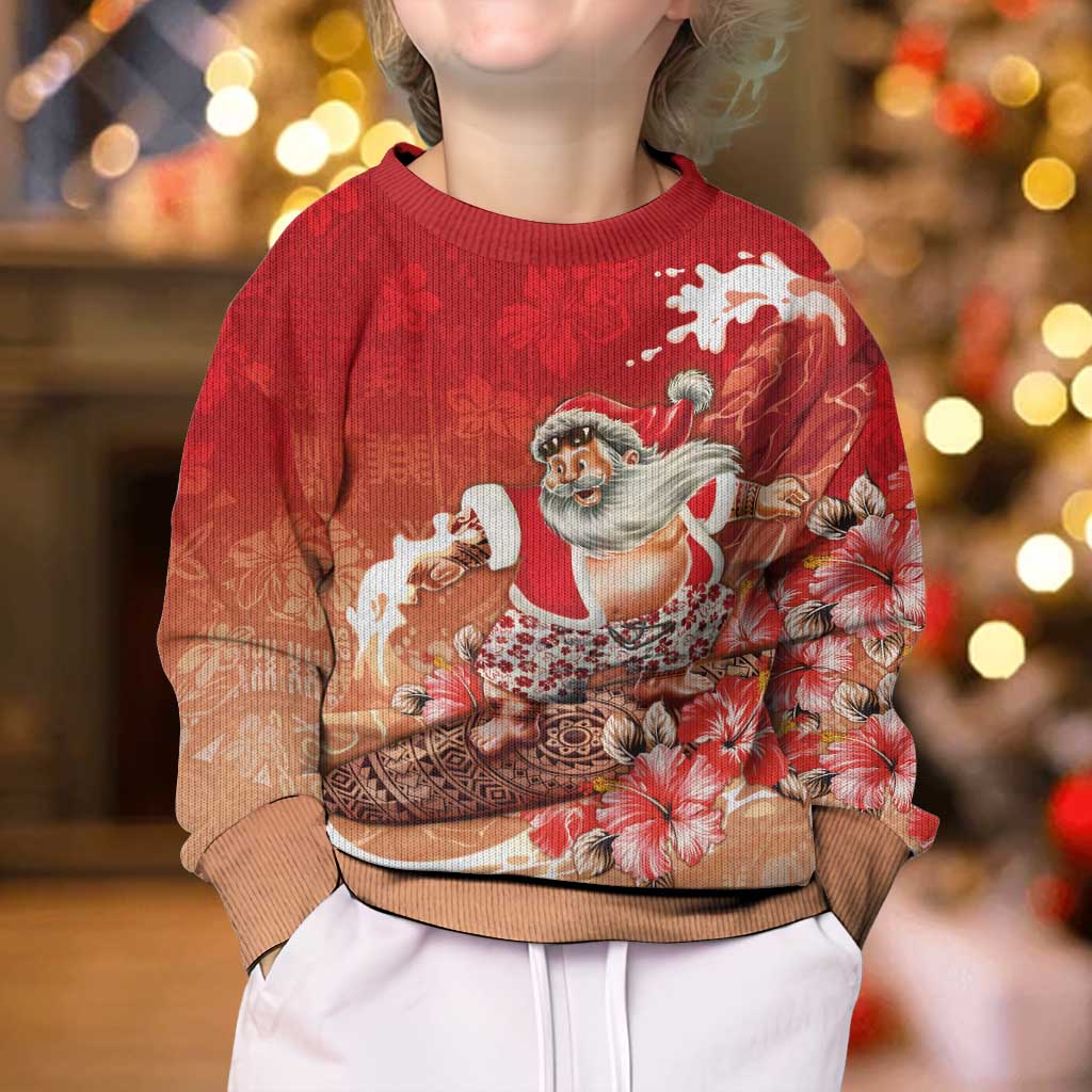 Hawaii Funny Christmas Kid Ugly Christmas Sweater Santa Surfing With Tapa Pattern - Polynesian Pride
