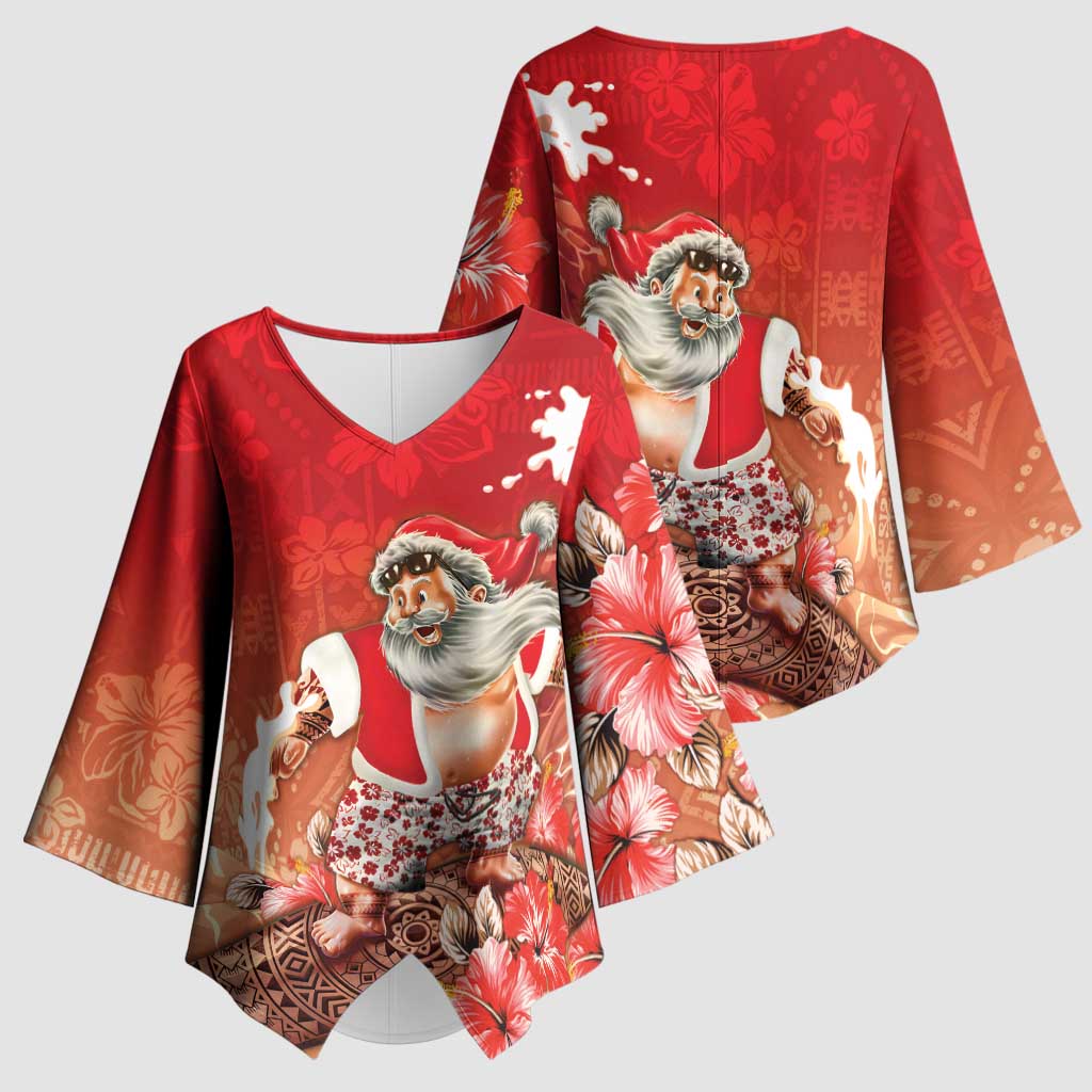 Hawaii Funny Christmas Kimono Sleeve Blouse Santa Surfing With Tapa Pattern - Polynesian Pride