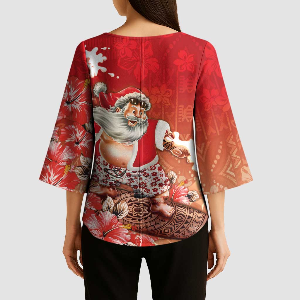 Hawaii Funny Christmas Kimono Sleeve Blouse Santa Surfing With Tapa Pattern - Polynesian Pride