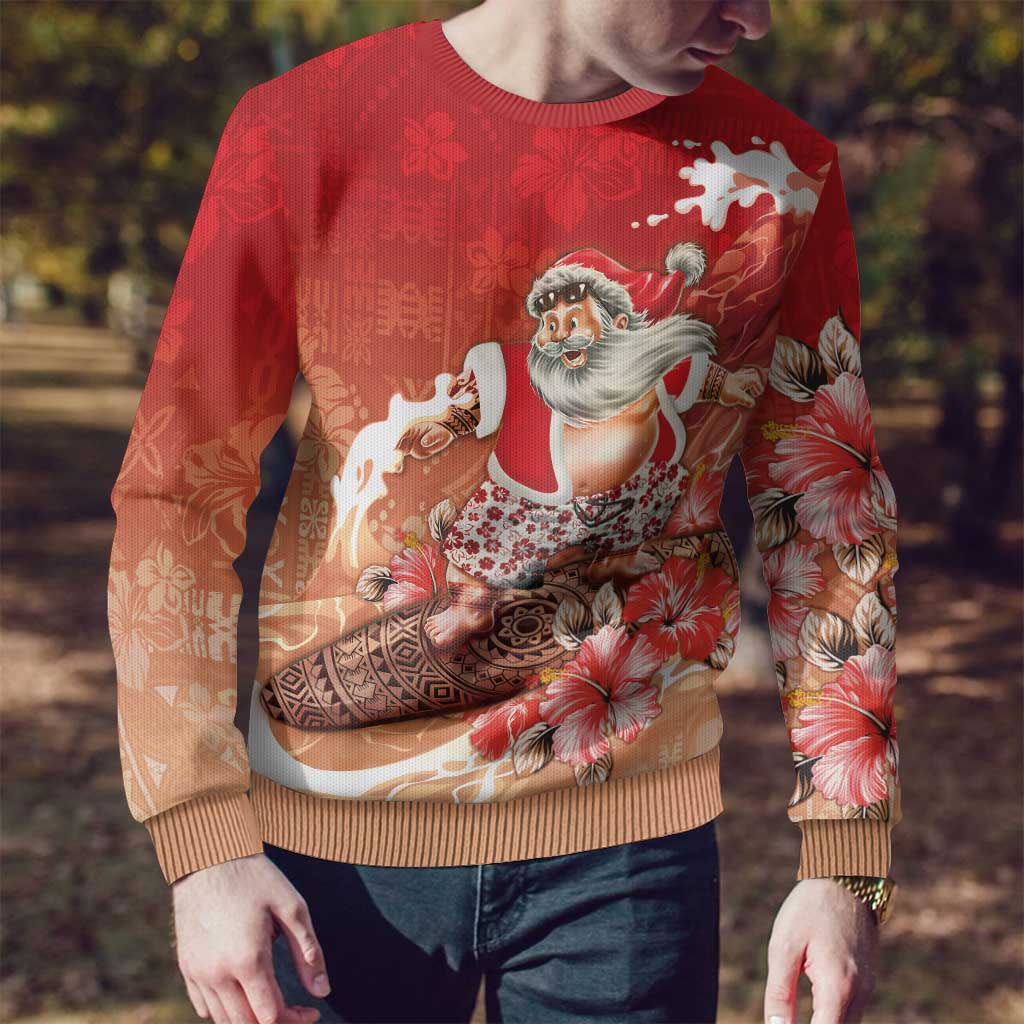 Hawaii Funny Christmas Ugly Christmas Sweater Santa Surfing With Tapa Pattern - Polynesian Pride