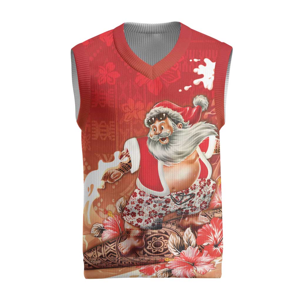Hawaii Funny Christmas Knitted V-Neck Vest Santa Surfing With Tapa Pattern LT05 Red - Polynesian Pride