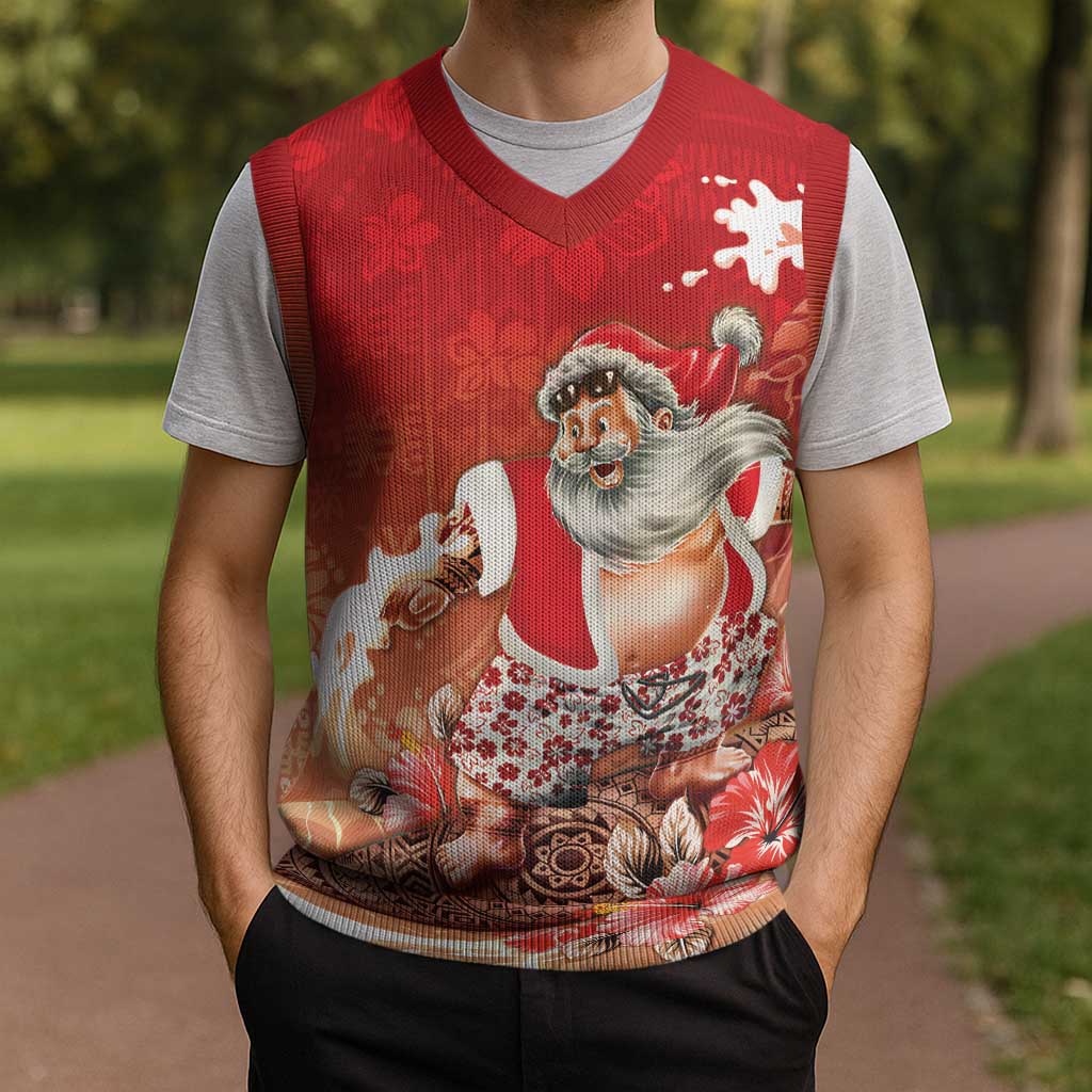 Hawaii Funny Christmas Knitted V-Neck Vest Santa Surfing With Tapa Pattern LT05 - Polynesian Pride