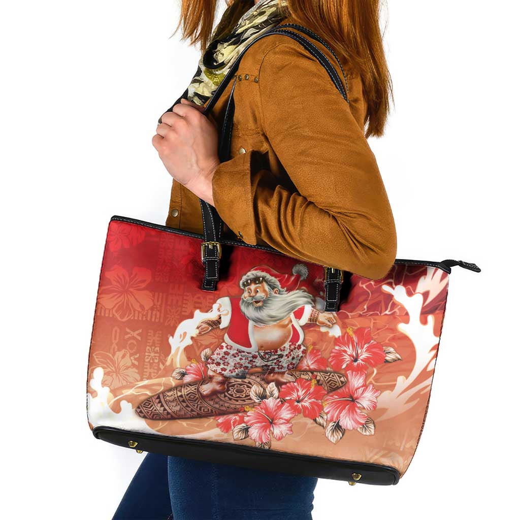 Hawaii Funny Christmas Leather Tote Bag Santa Surfing With Tapa Pattern LT05 Red - Polynesian Pride