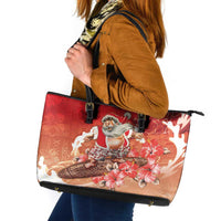 Hawaii Funny Christmas Leather Tote Bag Santa Surfing With Tapa Pattern LT05 Red - Polynesian Pride