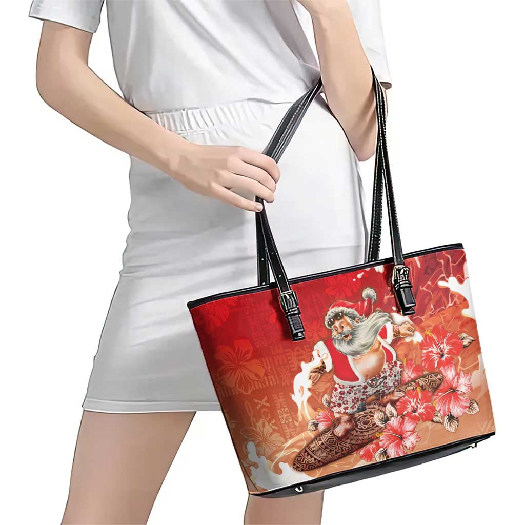 Hawaii Funny Christmas Leather Tote Bag Santa Surfing With Tapa Pattern LT05 - Polynesian Pride