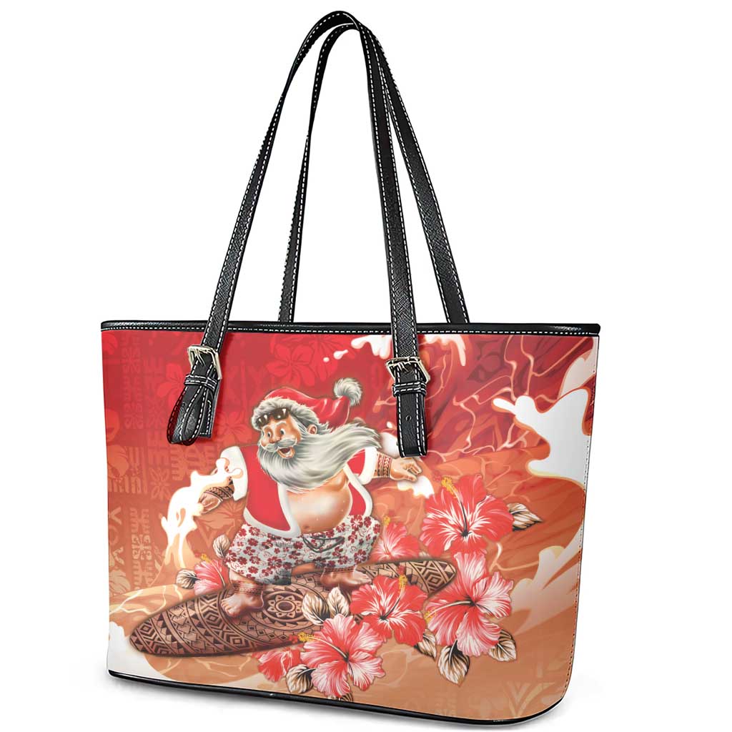 Hawaii Funny Christmas Leather Tote Bag Santa Surfing With Tapa Pattern LT05 - Polynesian Pride