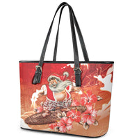 Hawaii Funny Christmas Leather Tote Bag Santa Surfing With Tapa Pattern LT05 - Polynesian Pride