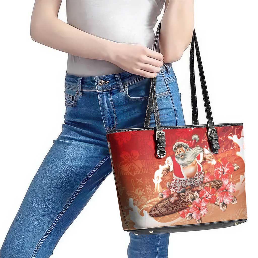 Hawaii Funny Christmas Leather Tote Bag Santa Surfing With Tapa Pattern LT05 - Polynesian Pride