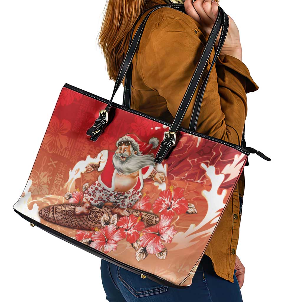 Hawaii Funny Christmas Leather Tote Bag Santa Surfing With Tapa Pattern LT05 - Polynesian Pride