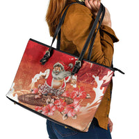 Hawaii Funny Christmas Leather Tote Bag Santa Surfing With Tapa Pattern LT05 - Polynesian Pride