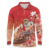 Hawaii Funny Christmas Long Sleeve Polo Shirt Santa Surfing With Tapa Pattern - Polynesian Pride
