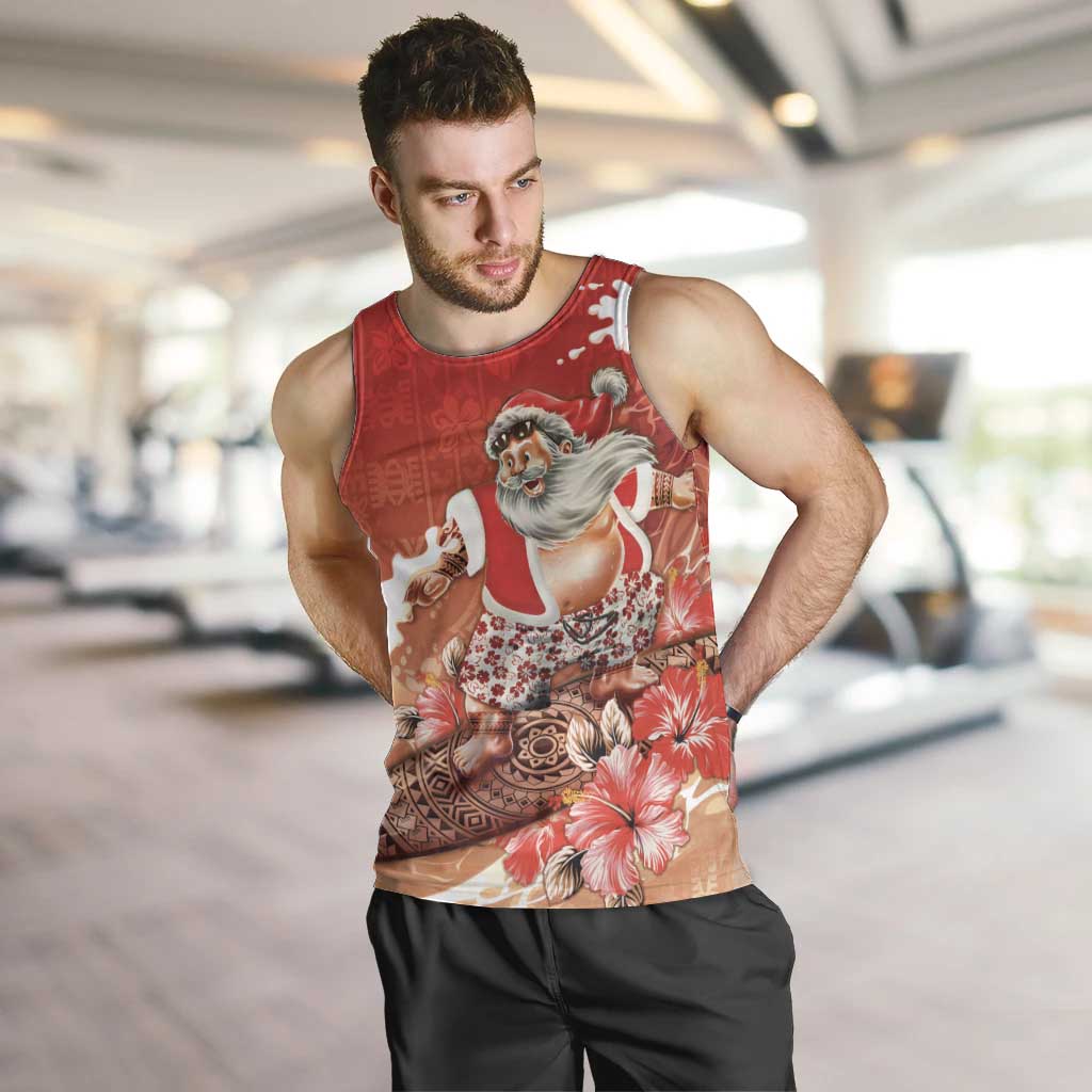 Hawaii Funny Christmas Men Tank Top Santa Surfing With Tapa Pattern - Polynesian Pride