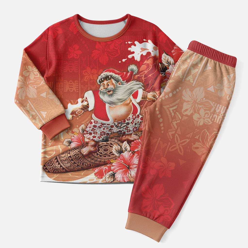 Hawaii Funny Christmas Pajama Set Santa Surfing With Tapa Pattern LT05 Men Red - Polynesian Pride
