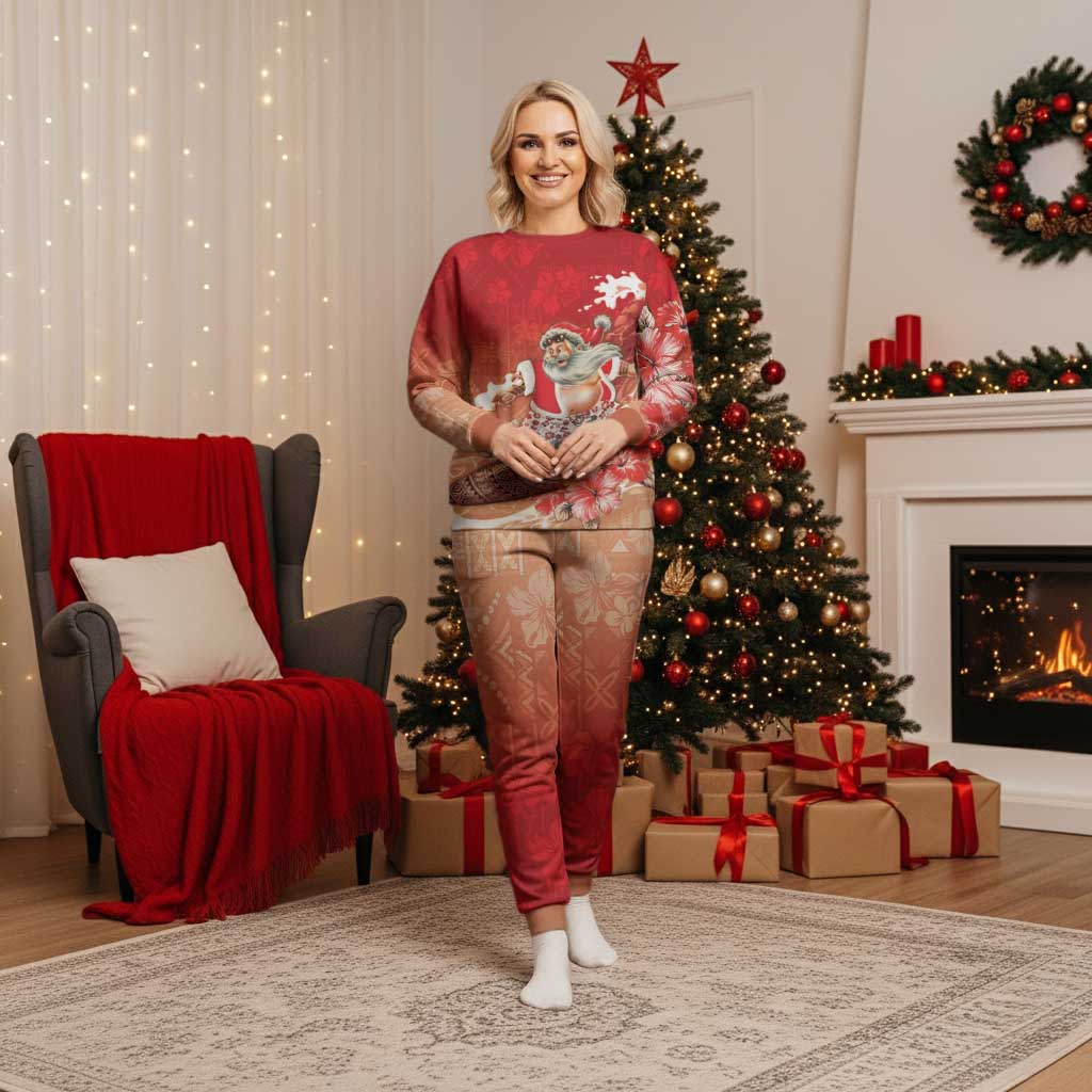 Hawaii Funny Christmas Pajama Set Santa Surfing With Tapa Pattern LT05 Women Red - Polynesian Pride