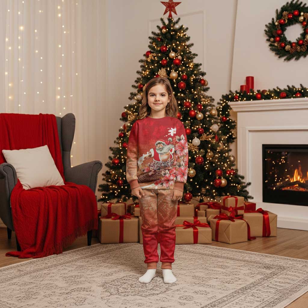 Hawaii Funny Christmas Pajama Set Santa Surfing With Tapa Pattern LT05 Kid Red - Polynesian Pride