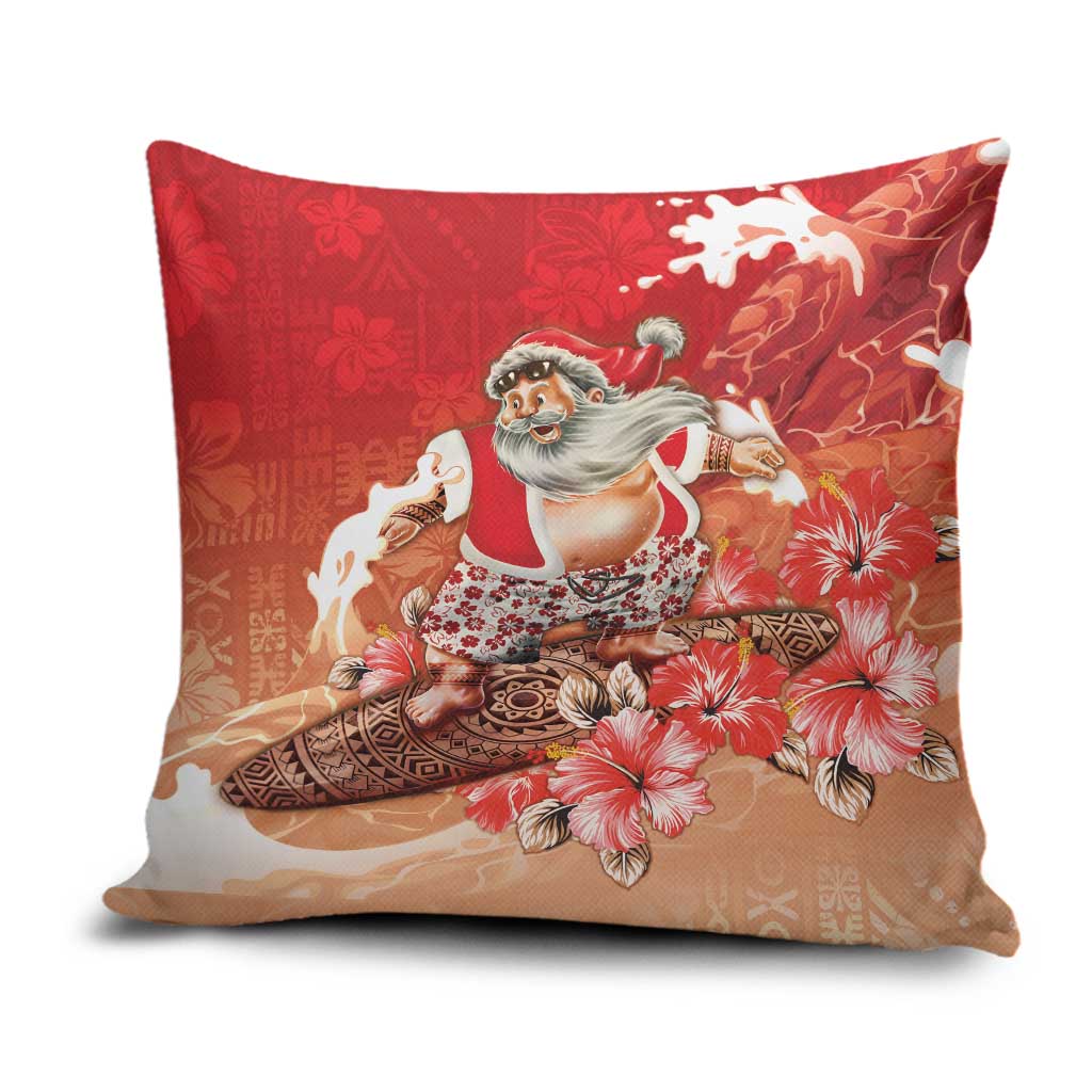 Hawaii Funny Christmas Pillow Cover Santa Surfing With Tapa Pattern LT05 Red - Polynesian Pride