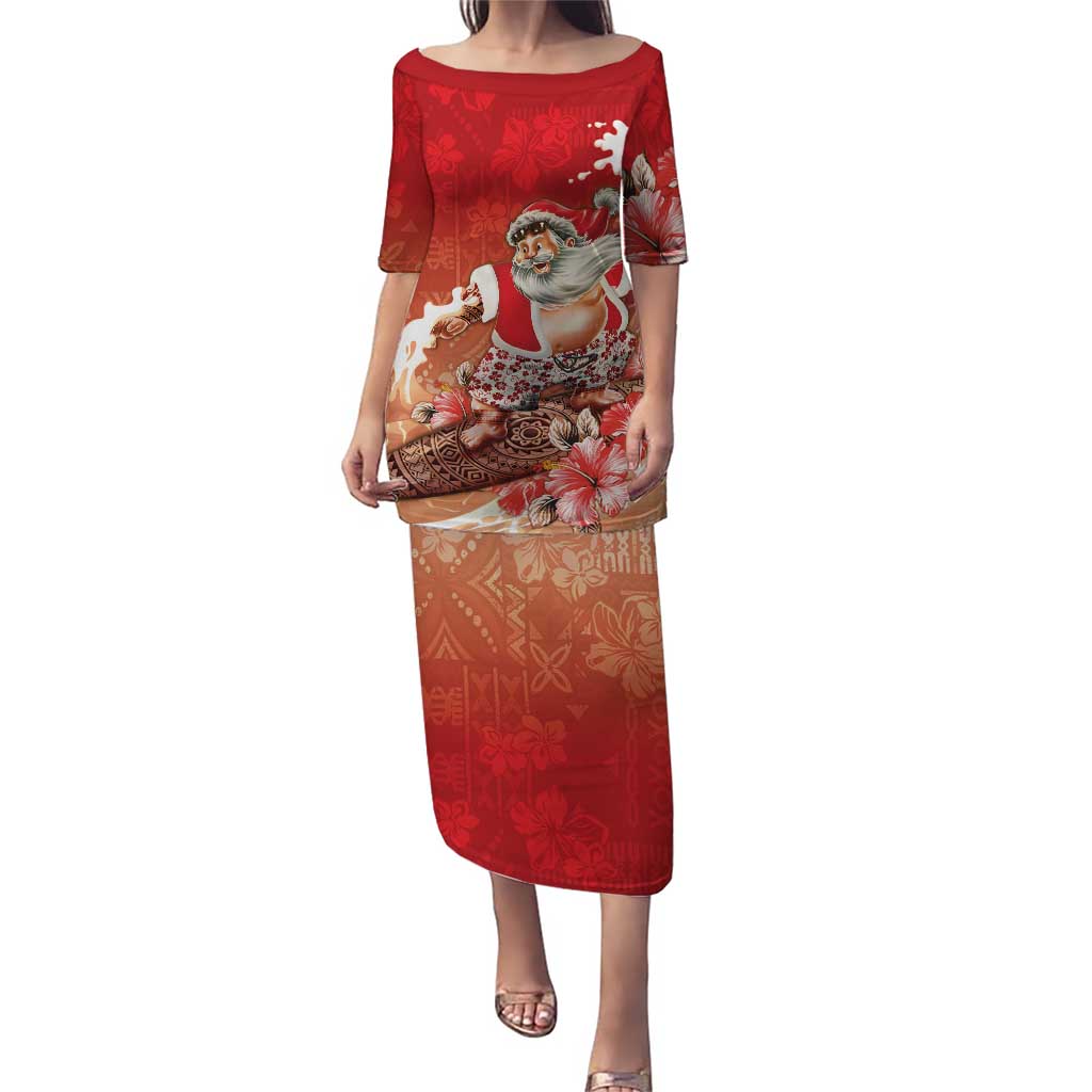 Hawaii Funny Christmas Puletasi Santa Surfing With Tapa Pattern LT05 Long Dress Red - Polynesian Pride