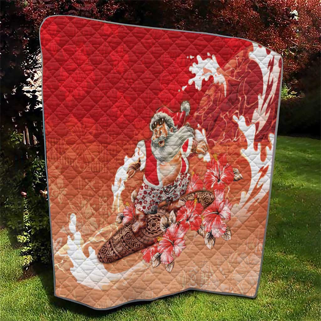 Hawaii Funny Christmas Quilt Santa Surfing With Tapa Pattern - Polynesian Pride