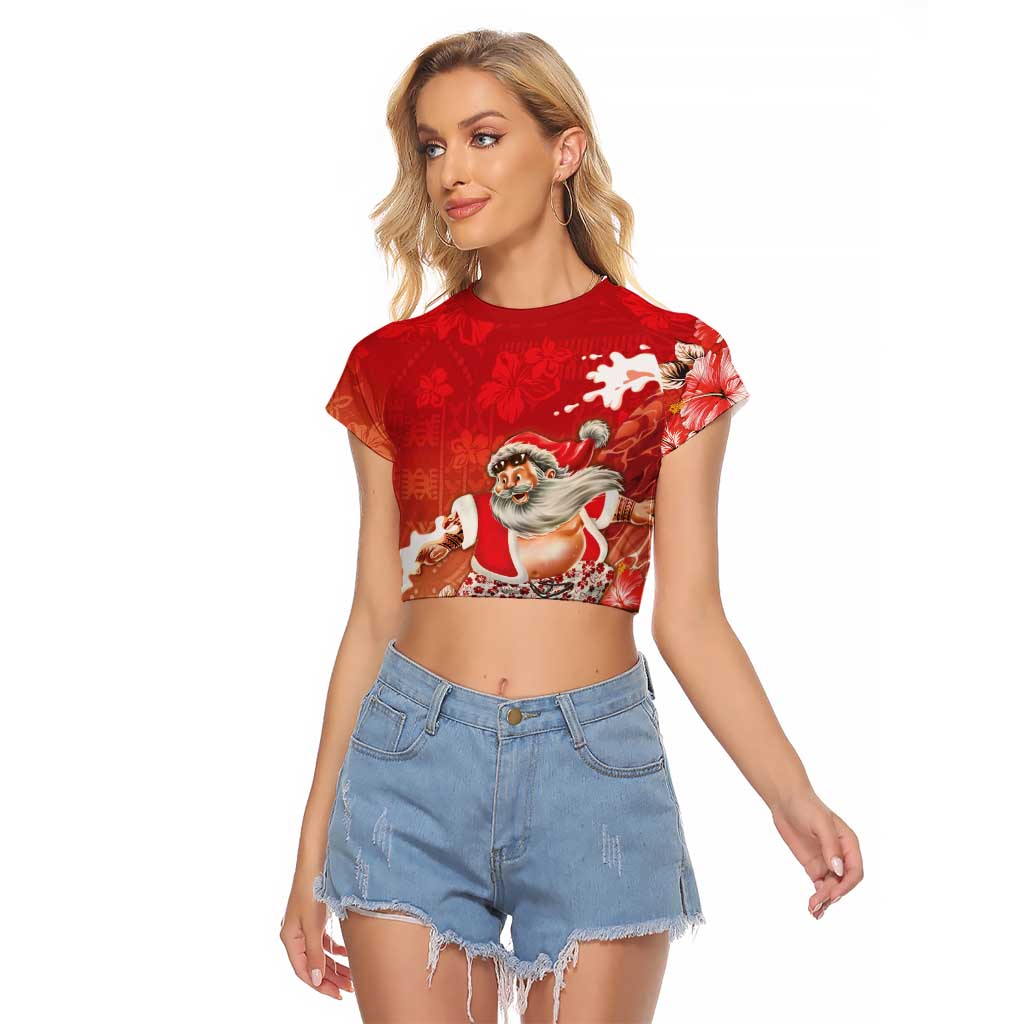 Hawaii Funny Christmas Raglan Cropped T Shirt Santa Surfing With Tapa Pattern - Polynesian Pride