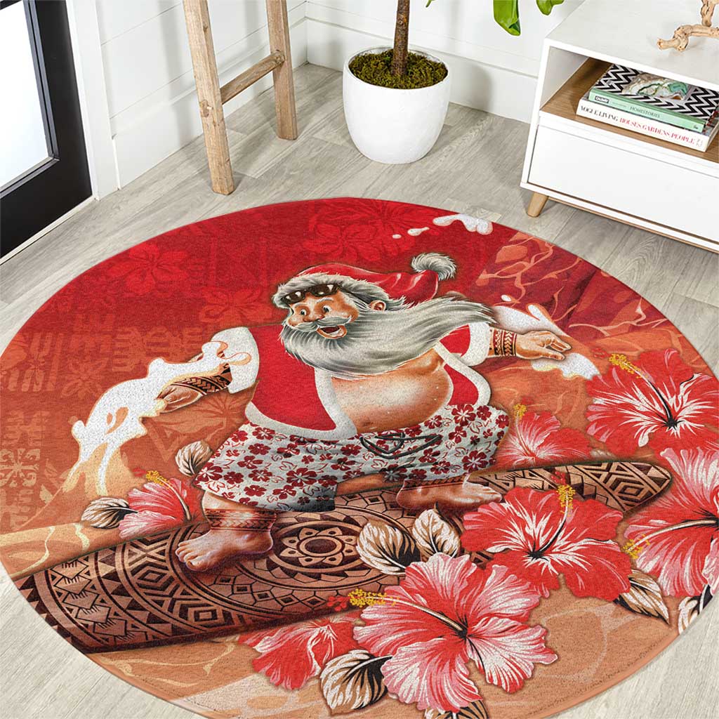 Hawaii Funny Christmas Round Carpet Santa Surfing With Tapa Pattern LT05 Red - Polynesian Pride