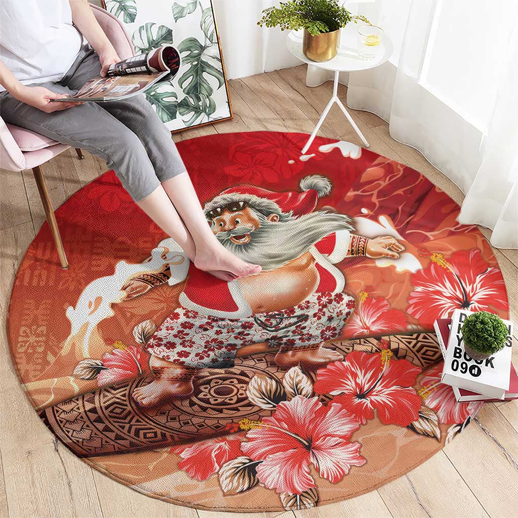 Hawaii Funny Christmas Round Carpet Santa Surfing With Tapa Pattern LT05 - Polynesian Pride