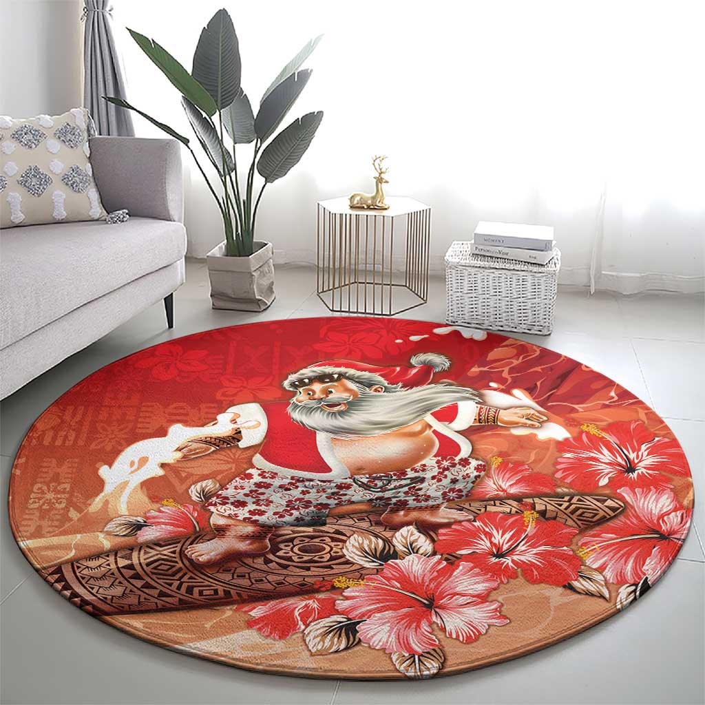 Hawaii Funny Christmas Round Carpet Santa Surfing With Tapa Pattern LT05 - Polynesian Pride