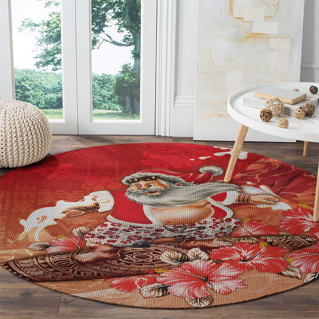 Hawaii Funny Christmas Round Carpet Santa Surfing With Tapa Pattern LT05 - Polynesian Pride