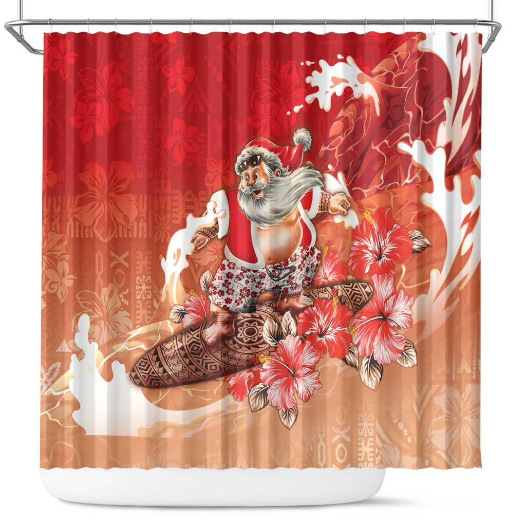 Hawaii Funny Christmas Shower Curtain Santa Surfing With Tapa Pattern LT05 Red - Polynesian Pride