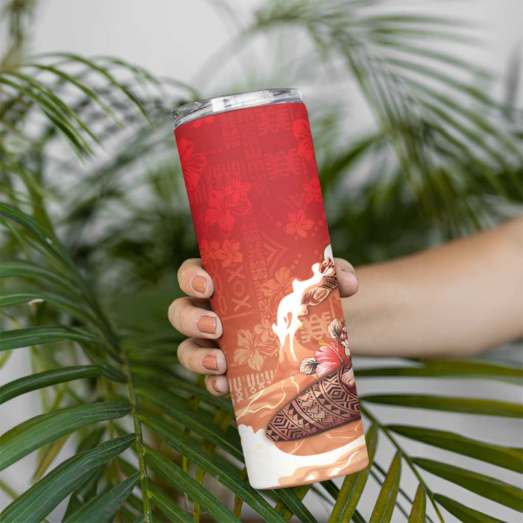 Hawaii Funny Christmas Skinny Tumbler Santa Surfing With Tapa Pattern - Polynesian Pride