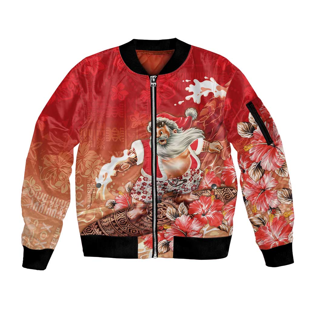 Hawaii Funny Christmas Sleeve Zip Bomber Jacket Santa Surfing With Tapa Pattern LT05 Unisex Red - Polynesian Pride