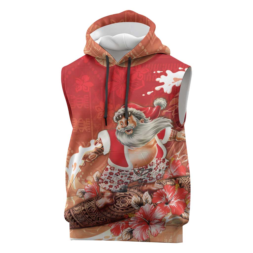 Hawaii Funny Christmas Sleeveless Hoodie Santa Surfing With Tapa Pattern - Polynesian Pride