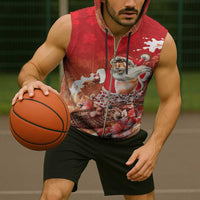 Hawaii Funny Christmas Sleeveless Zip Hoodie Santa Surfing With Tapa Pattern - Polynesian Pride