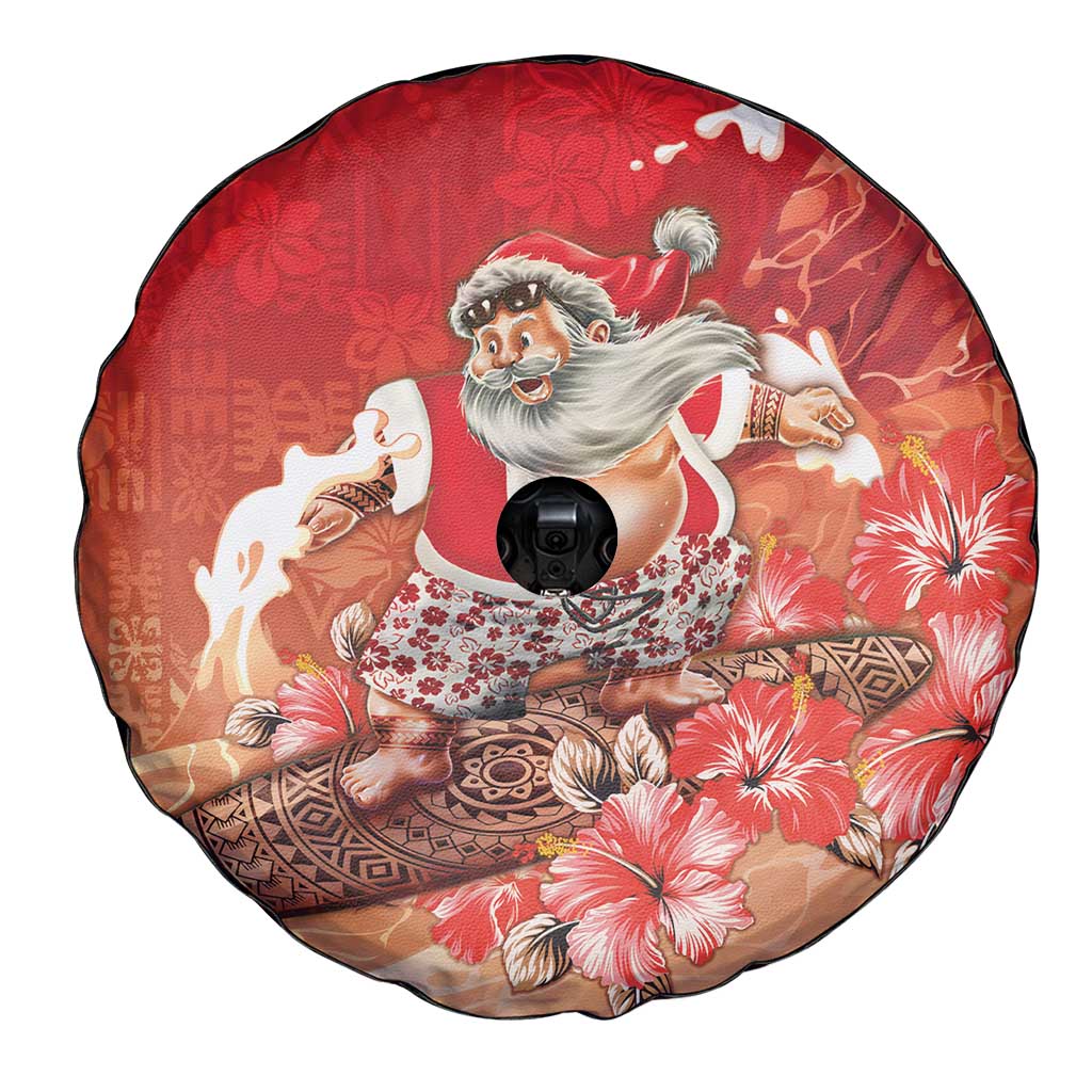 Hawaii Funny Christmas Spare Tire Cover Santa Surfing With Tapa Pattern - Polynesian Pride