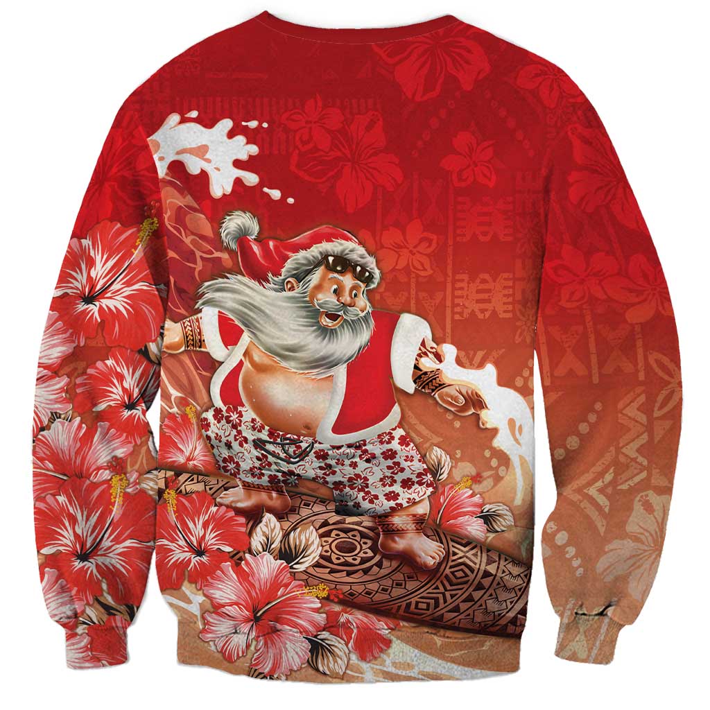Hawaii Funny Christmas Sweatshirt Santa Surfing With Tapa Pattern - Polynesian Pride