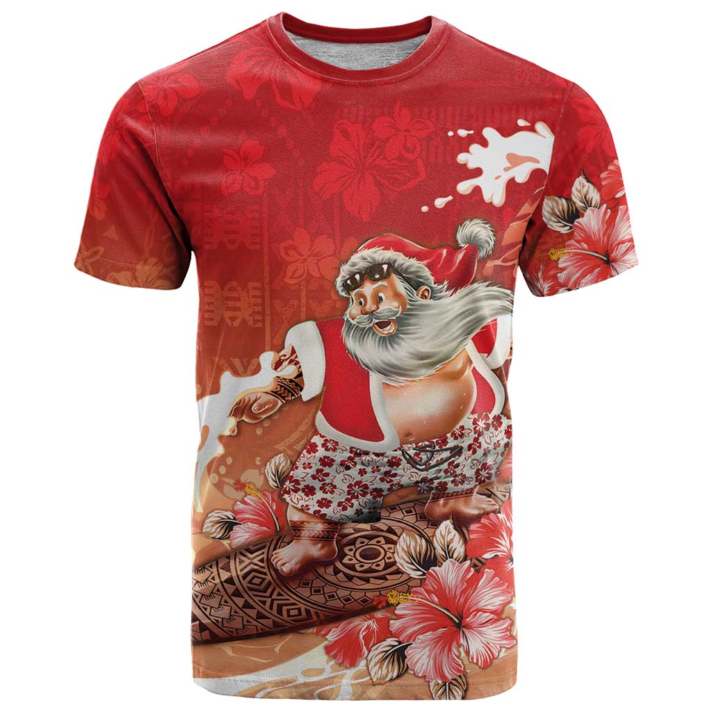 Hawaii Funny Christmas T Shirt Santa Surfing With Tapa Pattern - Polynesian Pride