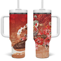 Hawaii Funny Christmas Tumbler With Handle Santa Surfing With Tapa Pattern - Polynesian Pride