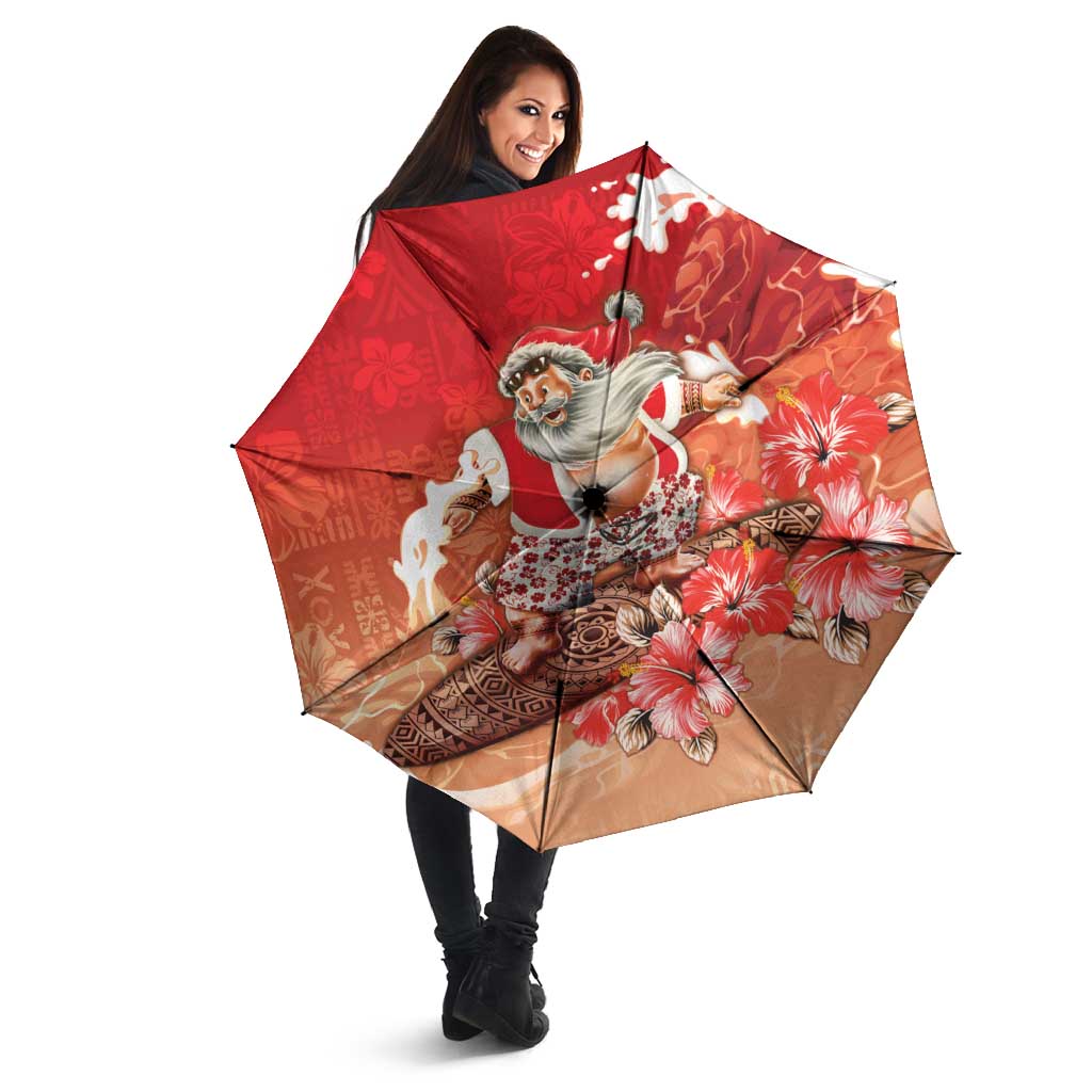 Hawaii Funny Christmas Umbrella Santa Surfing With Tapa Pattern - Polynesian Pride