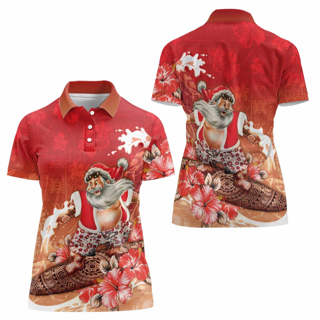Hawaii Funny Christmas Women Polo Shirt Santa Surfing With Tapa Pattern - Polynesian Pride