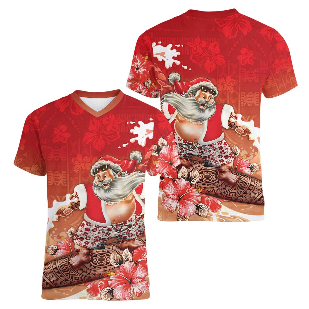 Hawaii Funny Christmas Women V-Neck T-Shirt Santa Surfing With Tapa Pattern - Polynesian Pride