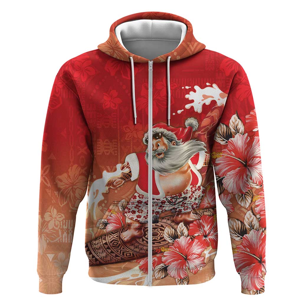 Hawaii Funny Christmas Zip Hoodie Santa Surfing With Tapa Pattern - Polynesian Pride