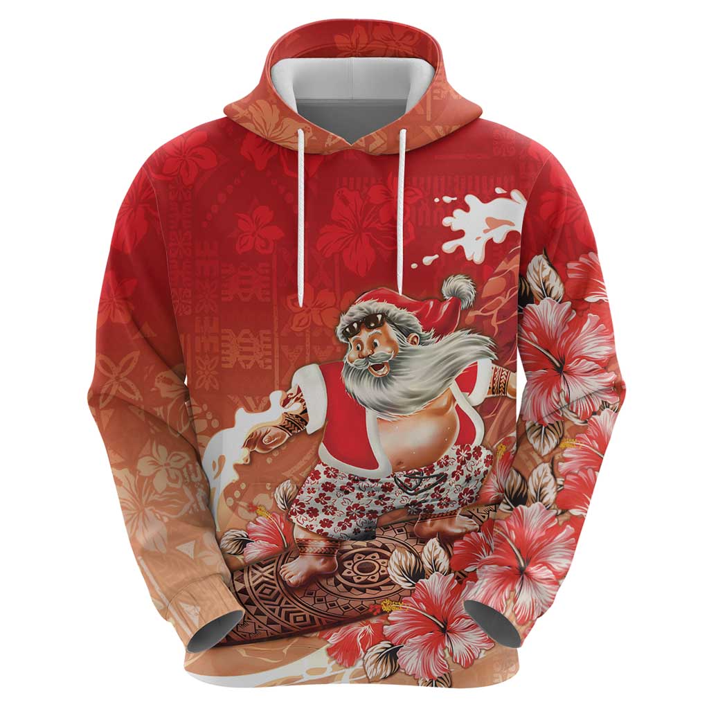 Hawaii Funny Christmas Zip Hoodie Santa Surfing With Tapa Pattern - Polynesian Pride