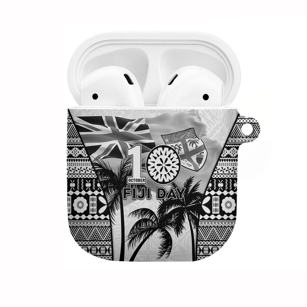 Fiji Day 2026 AirPods Case Masi Tapa Pattern With Palm Tree White Version LT05 White - Polynesian Pride
