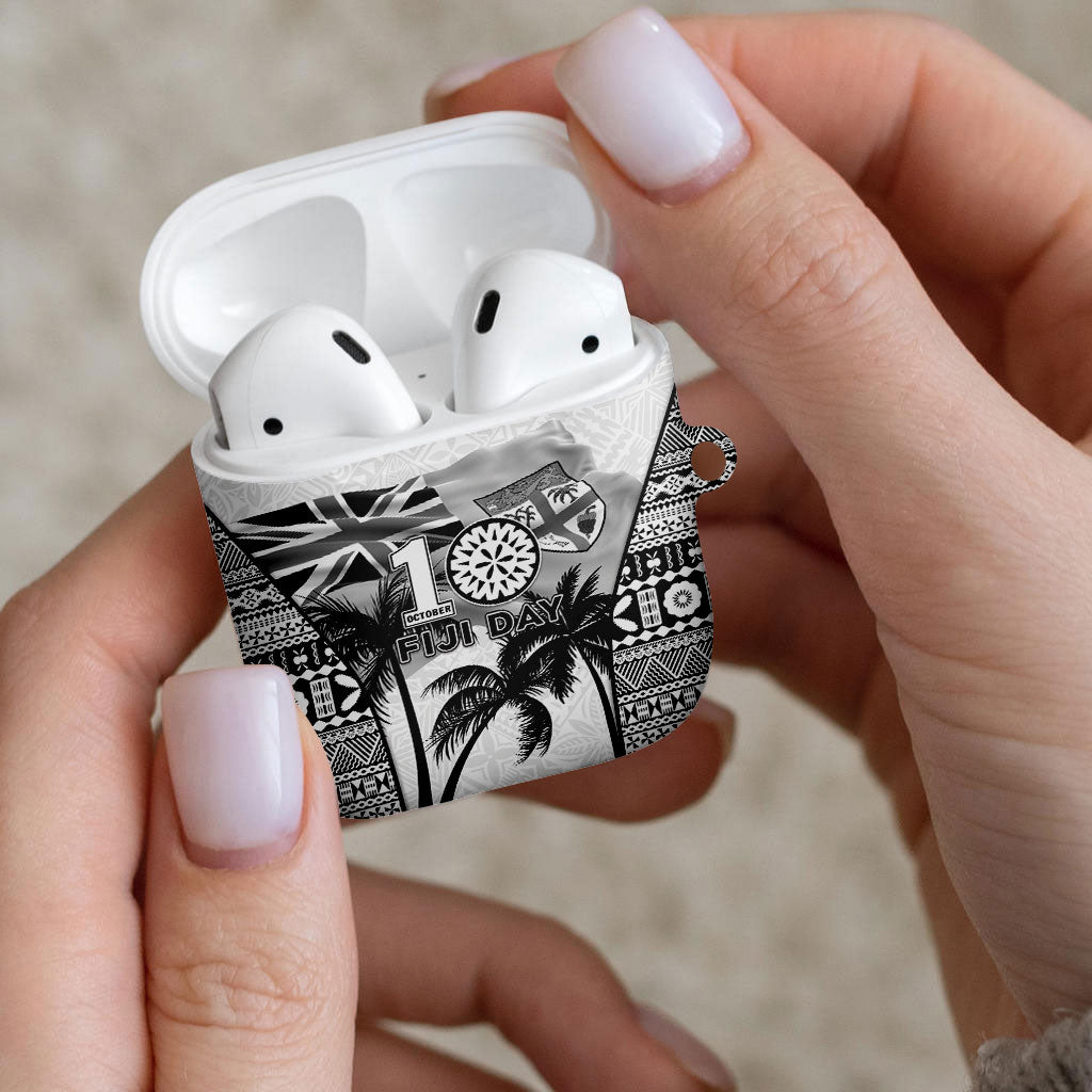 Fiji Day 2026 AirPods Case Masi Tapa Pattern With Palm Tree White Version LT05 - Polynesian Pride