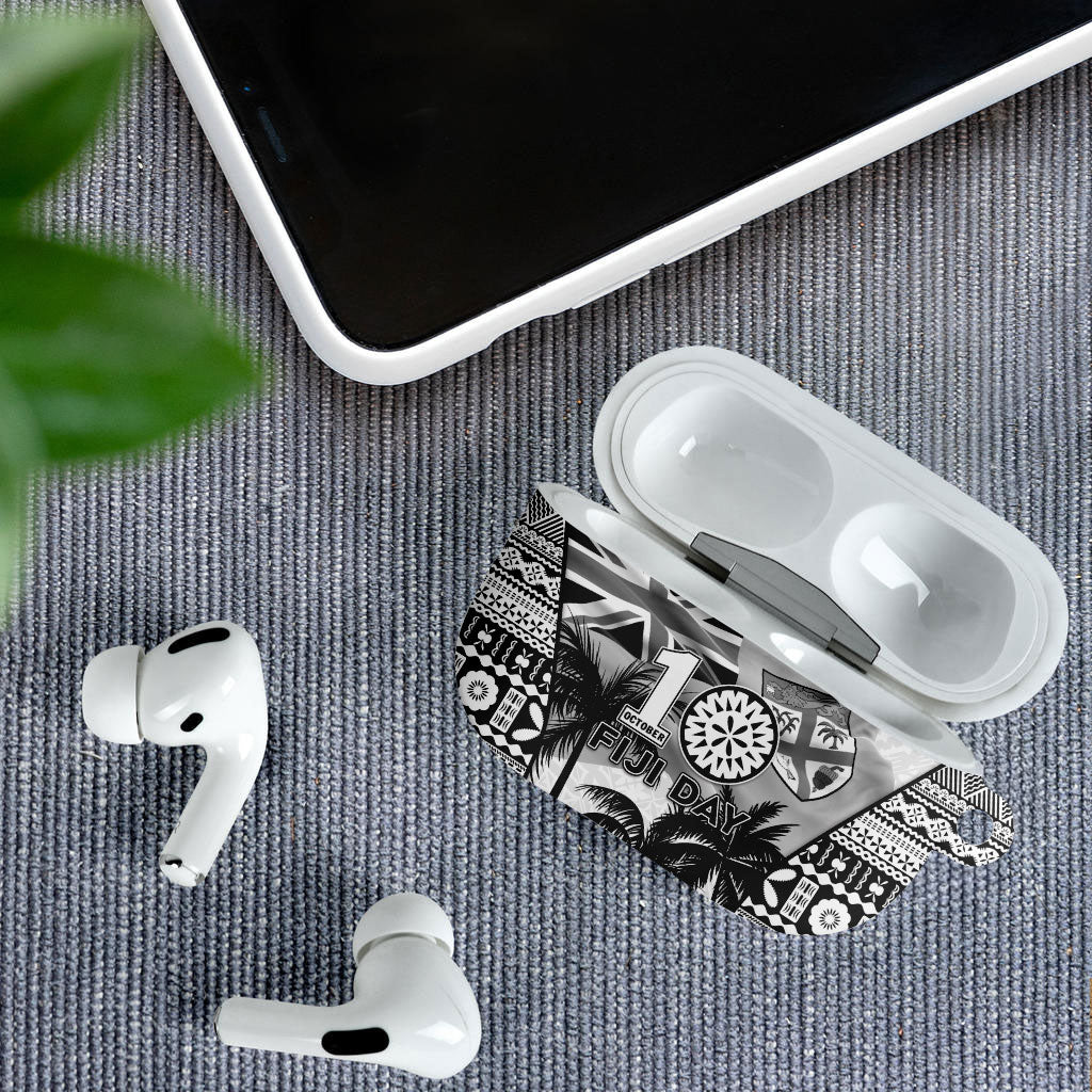 Fiji Day 2026 AirPods Case Masi Tapa Pattern With Palm Tree White Version LT05 - Polynesian Pride