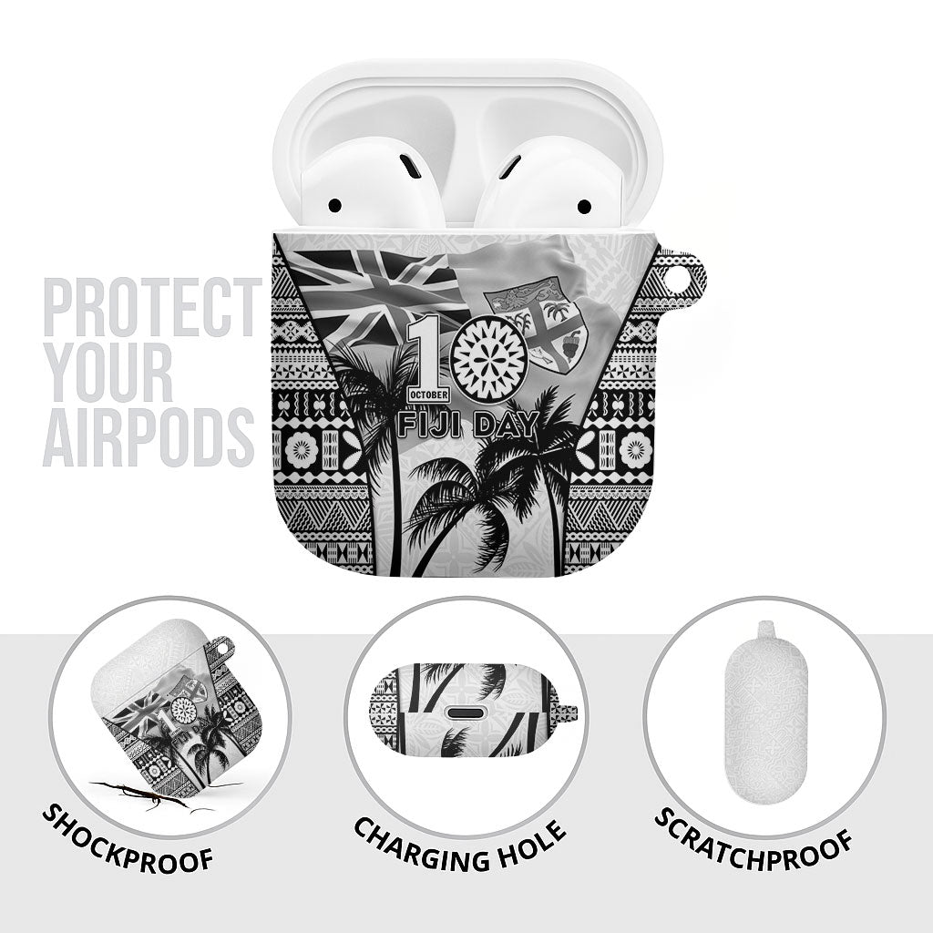Fiji Day 2026 AirPods Case Masi Tapa Pattern With Palm Tree White Version LT05 - Polynesian Pride