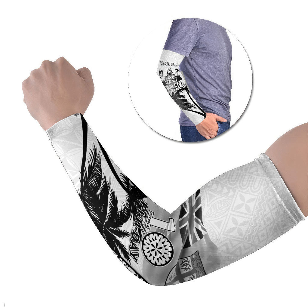Personalised Fiji Day 2026 Arm Sleeves Masi Tapa Pattern With Palm Tree White Version